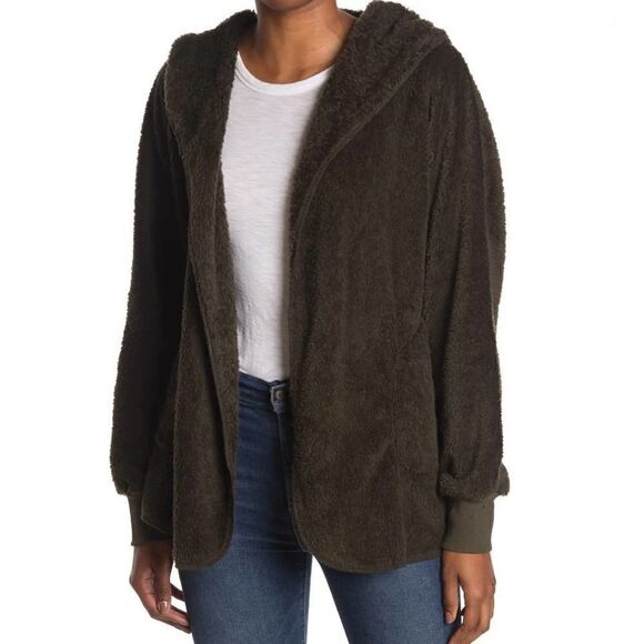 NWT Forgotten Grace by Nordstrom Faux Shearling Hooded Front Cardigan Green M - Picture 1 of 9